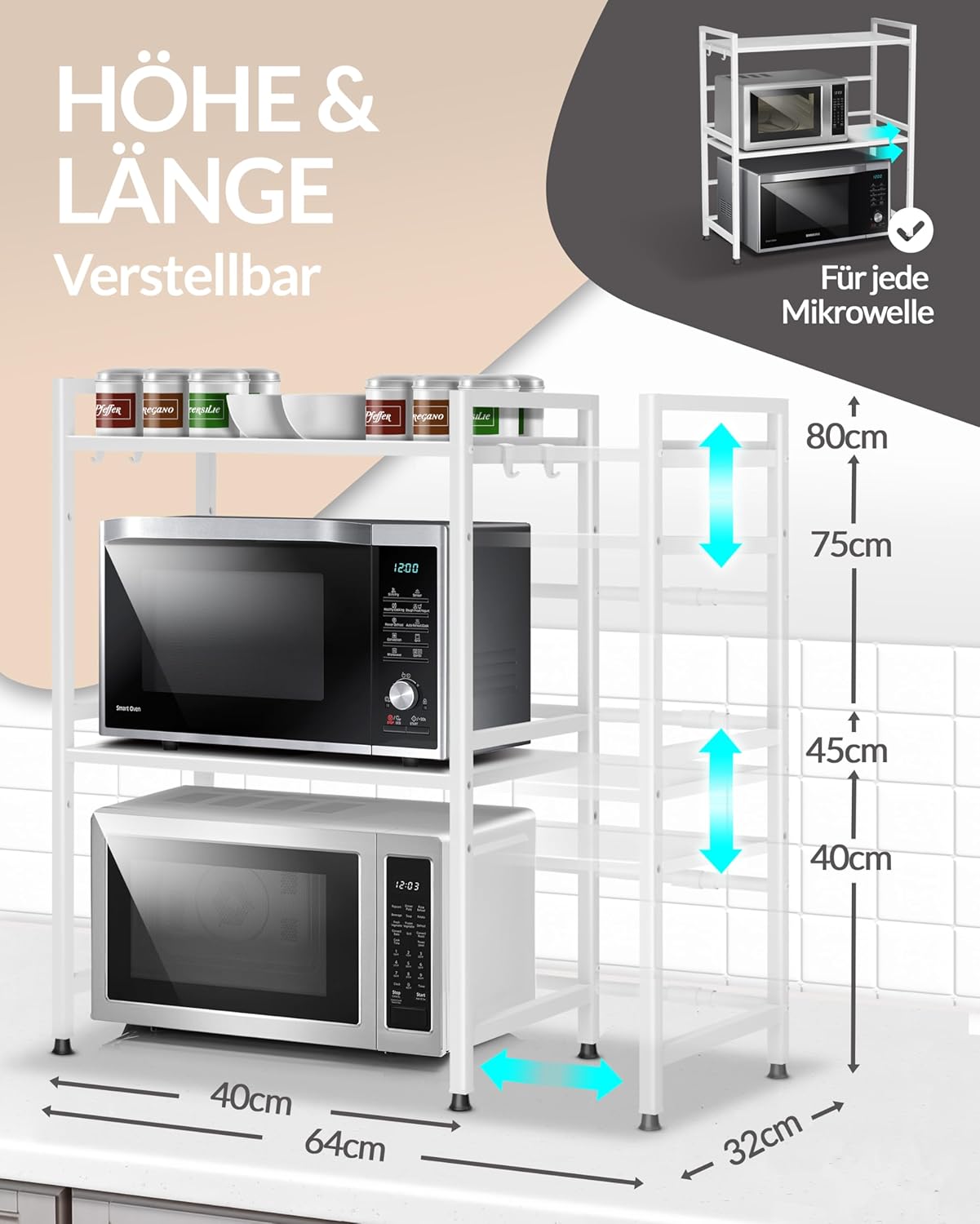 Heldenwunder Mikrowellenregal 3-stufig weiss Küchenregal #B199