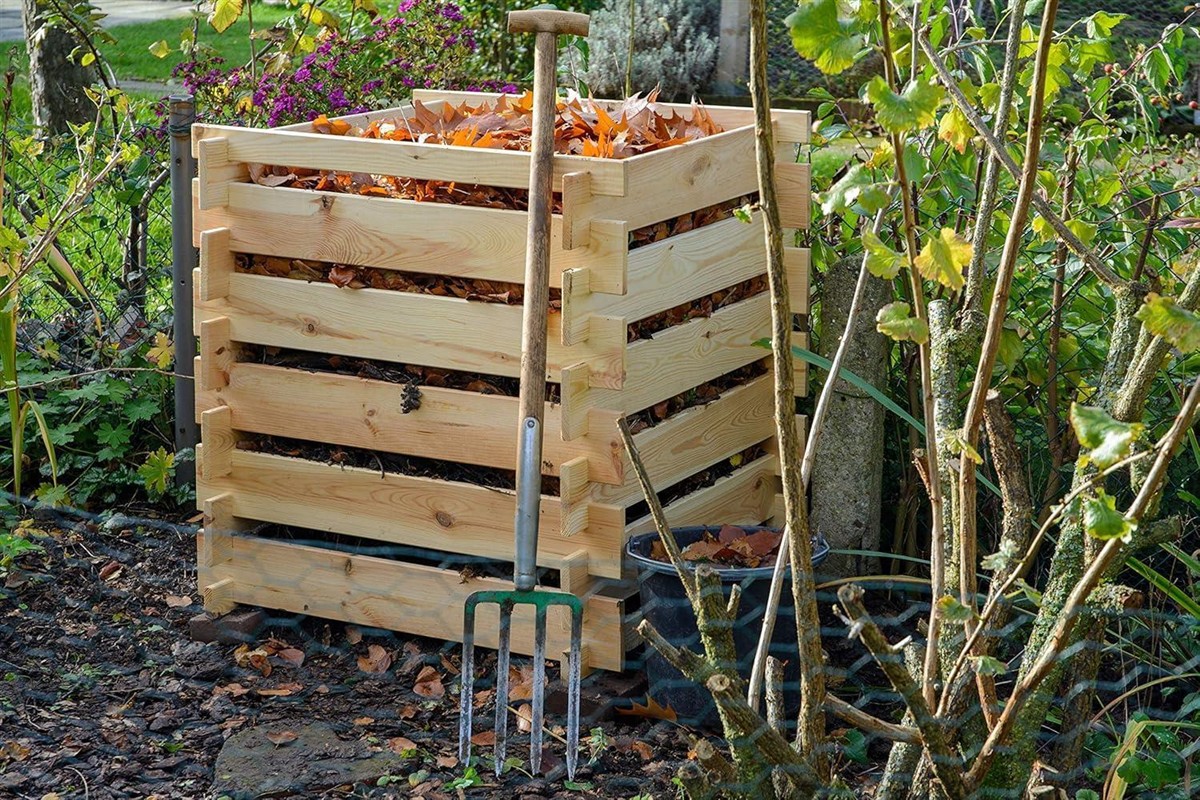Holzkomposter, Kompostbehälter, Holzkiste, Laub, Gartenwerkzeug
