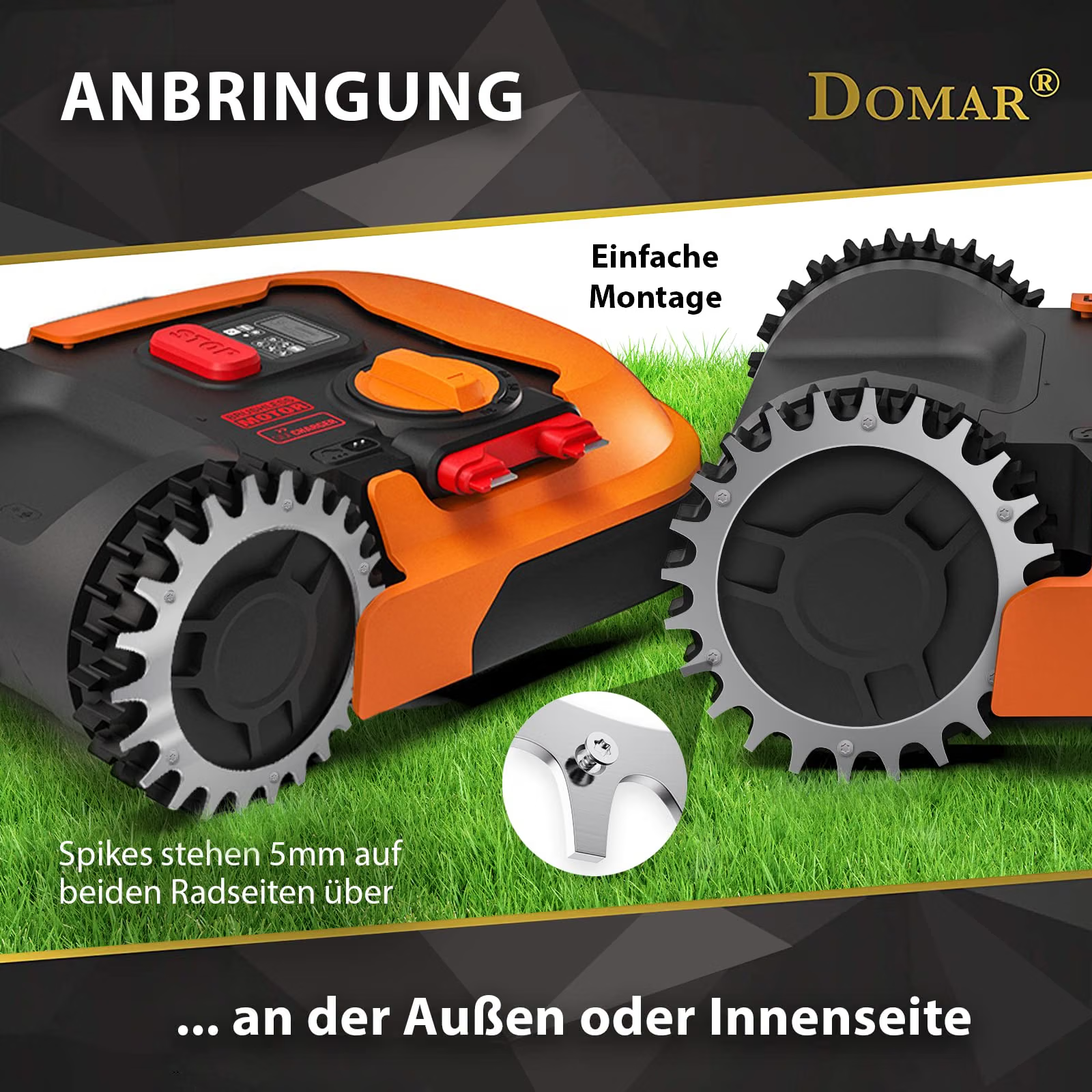 Rasenmulcher, Mähwerk, Gummi-Räder, Schnellverschluss, Spikes 5mm