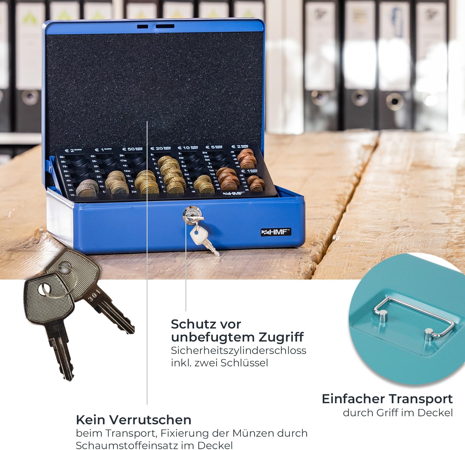 HMF Geldkassette abschließbar mit Münzzählbrett 30 x 24 x 9 cm Petrol 2208