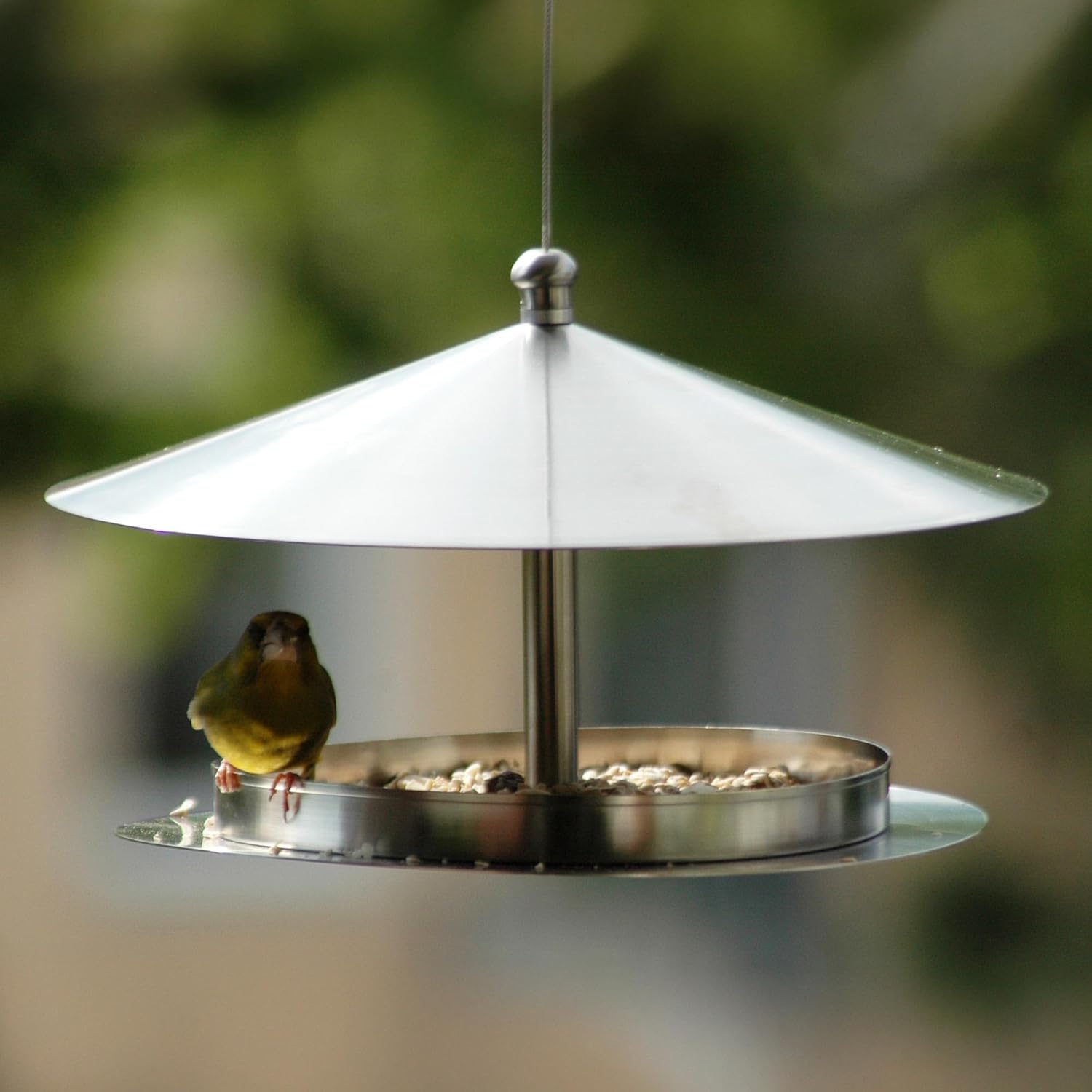 Dobar Luxus-Vogelhaus Rundes Design-Futterhaus "Silberglanz" aus Edelstahl mit Draht zum Aufhängen Silber