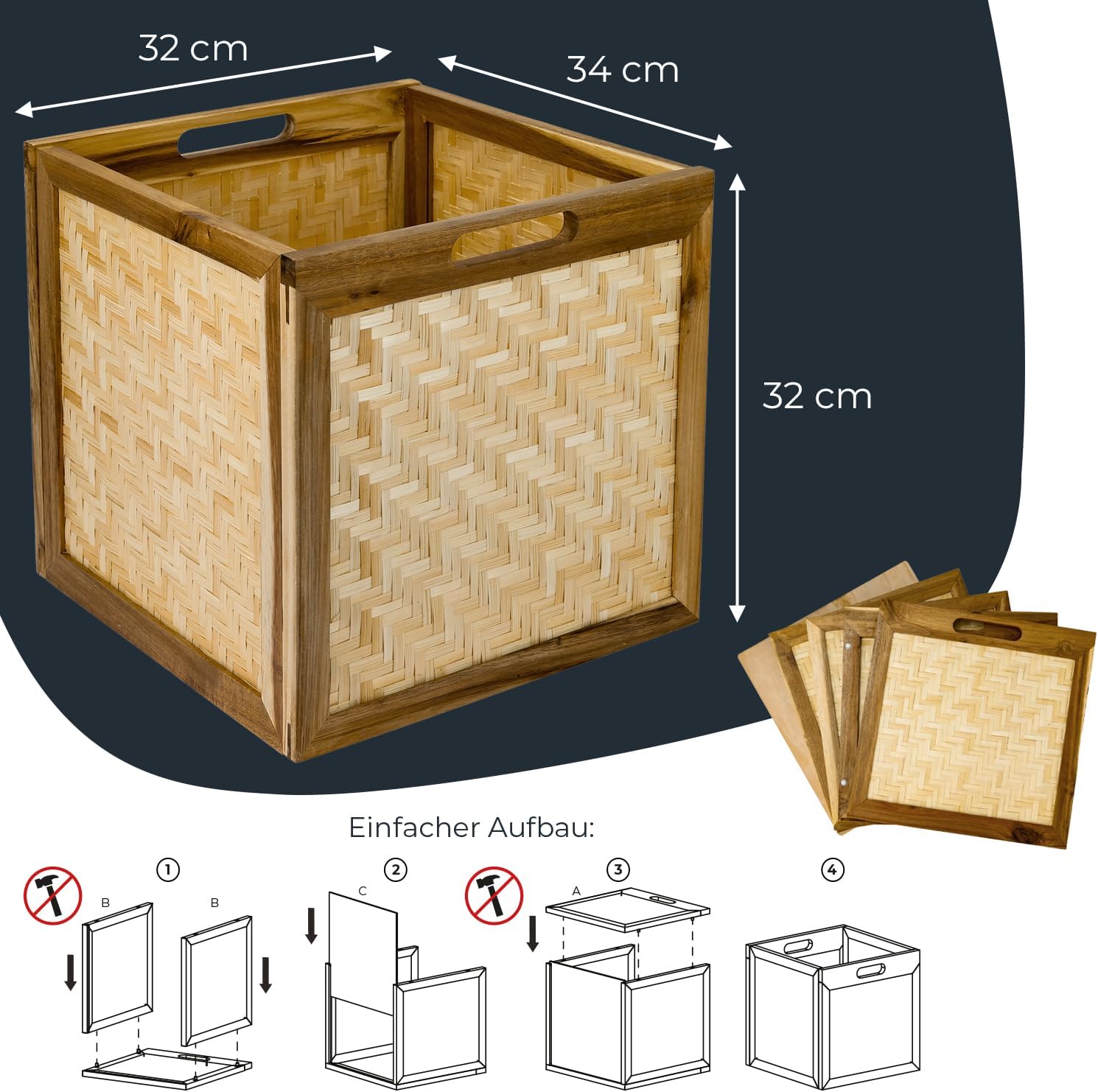 HMF Aufbewahrungskorb passend für Kallax Regale Korb aus Rattan mit Wiener Geflecht und Akazienholz 32 x 34 x 32 cm