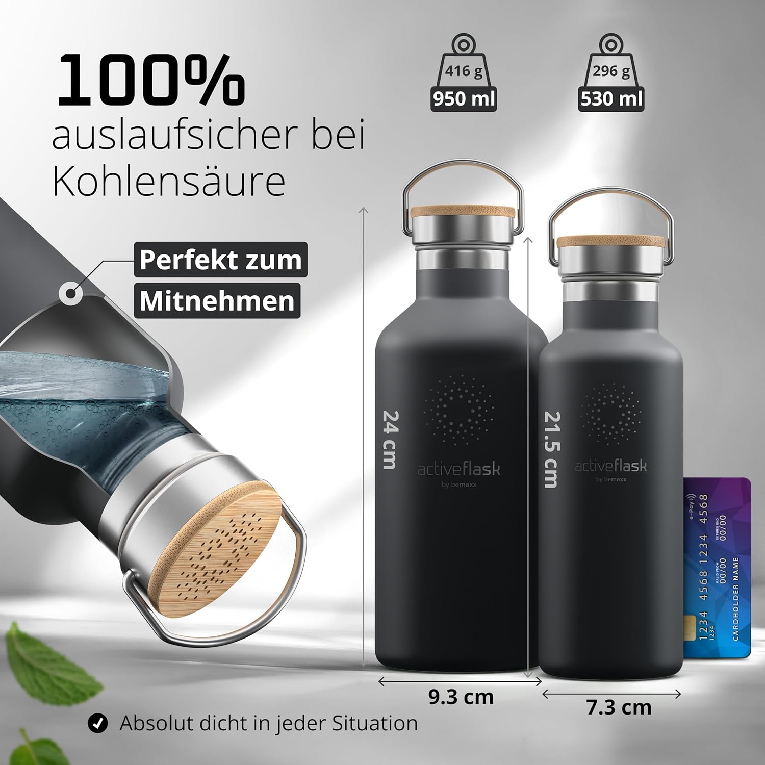 BeMaxx Trinkflasche Edelstahl ACTIVE FLASK coll grey Bamboo-Verschluss 530l