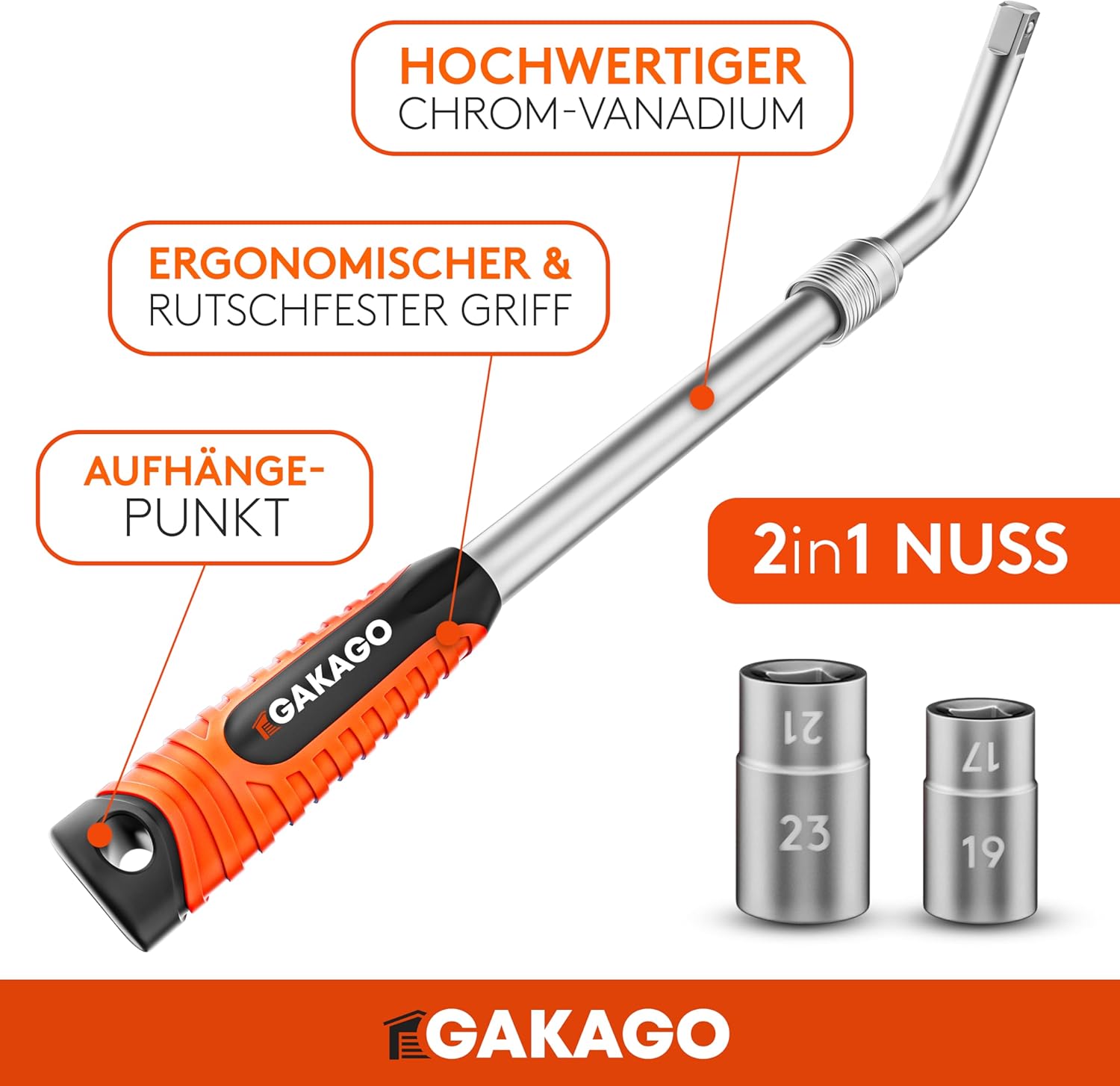 Gakago Teleskop Radmuttern-Schlüssel Set mit 17/19mm & 21/23mm Steckschlüssel-Einsatz 1/2 Zoll