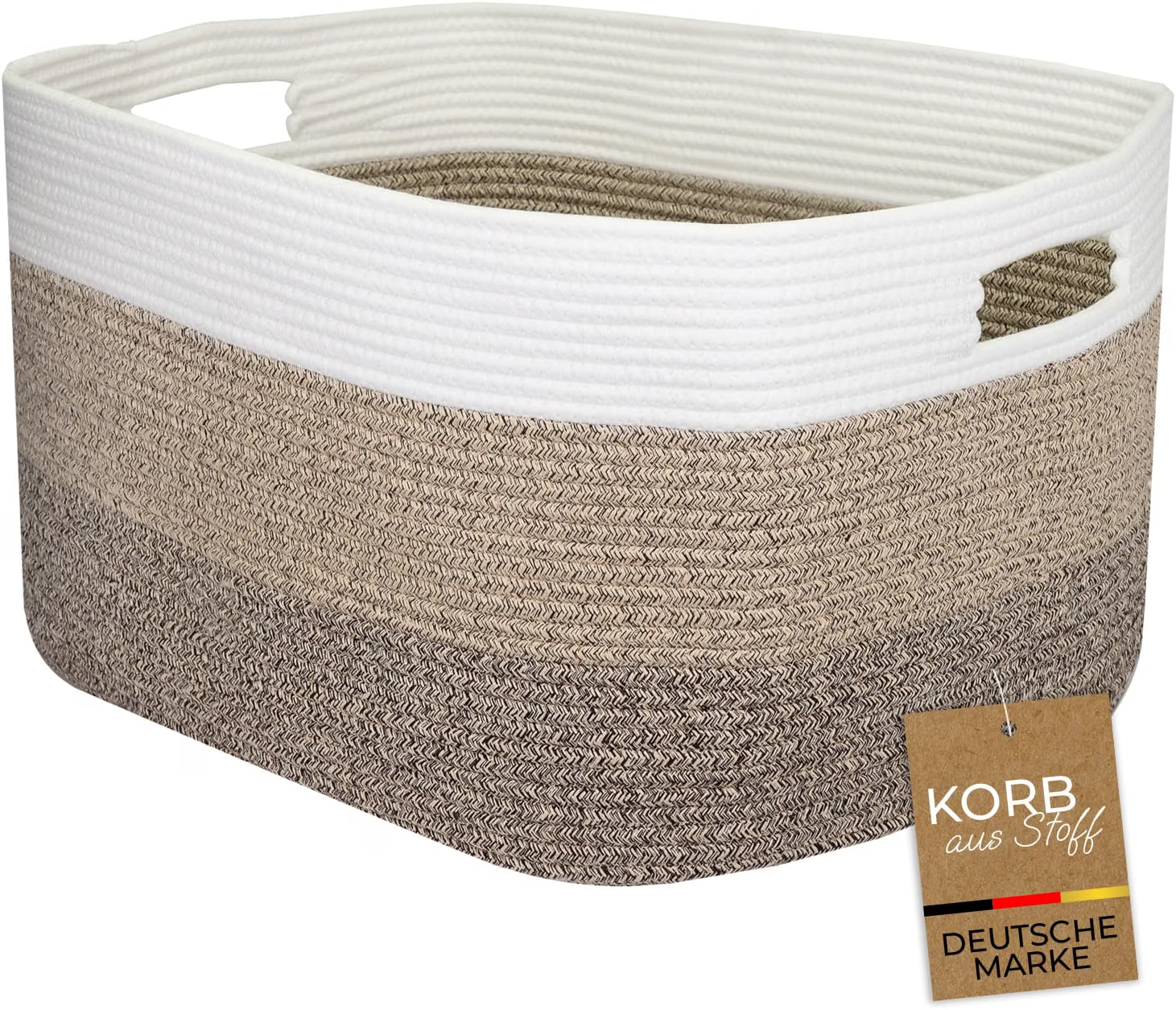 HMF XXL Wäschekorb aus Baumwoll rechteckiger Aufbewahrungskorb mit Griffen 55 x 43 x 30 cm Weiß-Braun
