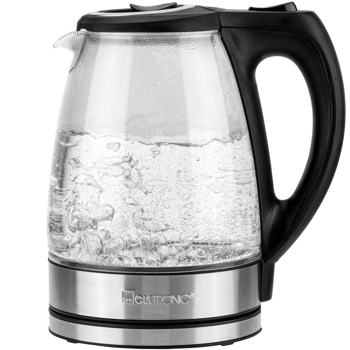 Wasserkocher, Glasbehälter, Edelstahlbasis, Kabelkessel, Dampfblasen