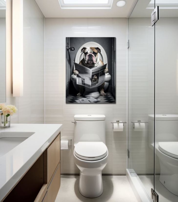 Wandbild Bulldogge auf Toilette 30x40cm HDF