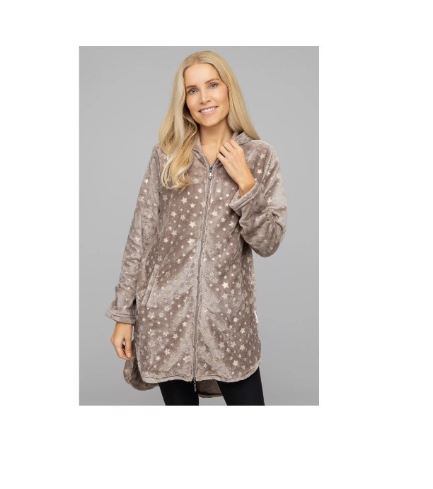 MONT CHALET Damen Langjacke Glitzerdruck taupe-gold Sterne Jacke Kuscheljacke Gr. M