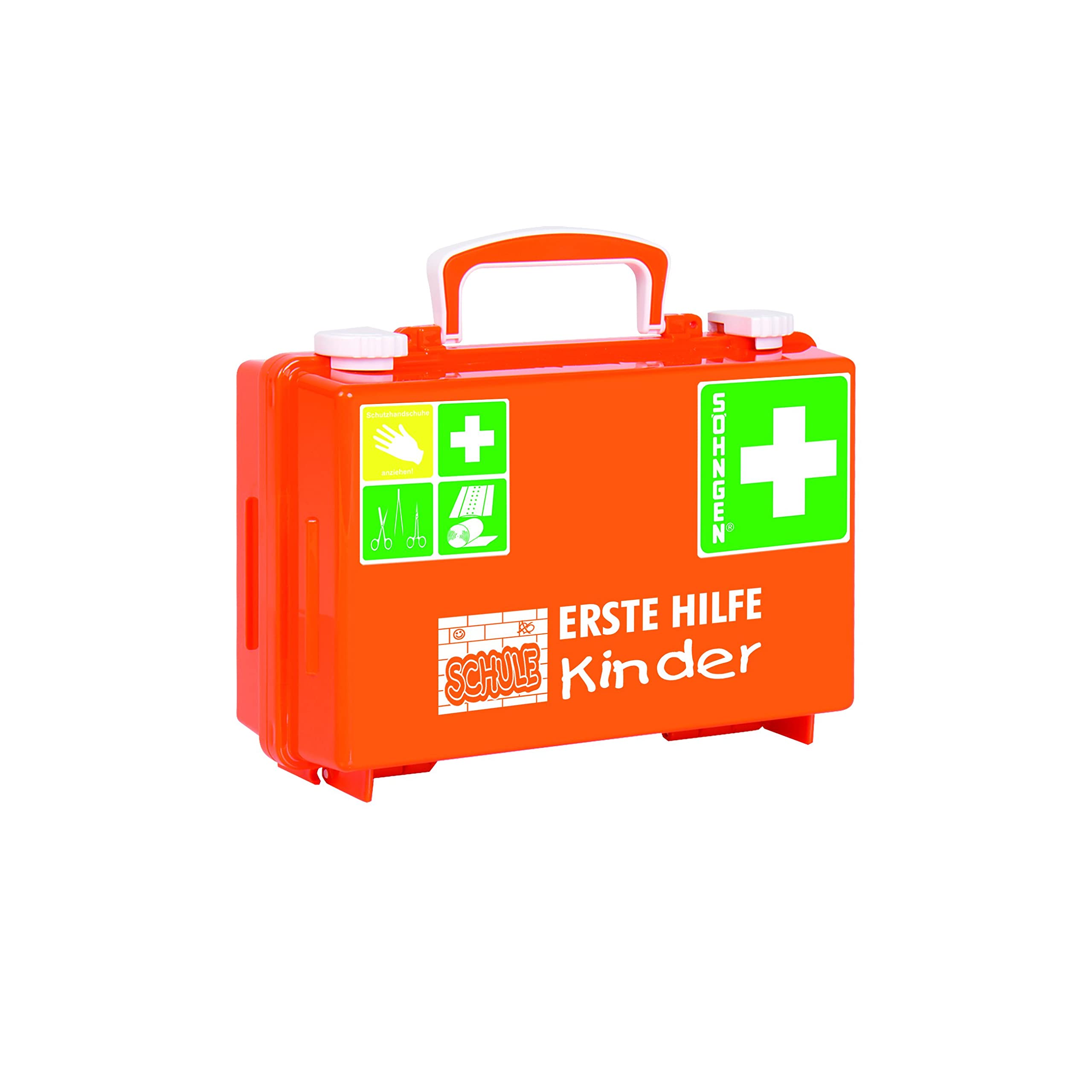 Söhngen Erste-Hilfe Koffer Quick-CD Kombi Schule orange (Notfall-Koffer für Kinder, Spezialfülllung für Kinder ab 6 Jahren, Kinder Verbandskasten, Verbände / Pflaster in Kindergrößen)