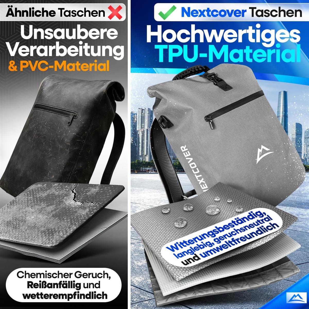 Nextcover NEU 3in1 Fahrradtasche für Gepäckträger PVC frei - Gepäckträgertasche, Fahrradtasche Rucksack und Umhängetasche 25L I Fahrrad Tasche wasserdicht Fahrradtaschen Gepäckträger