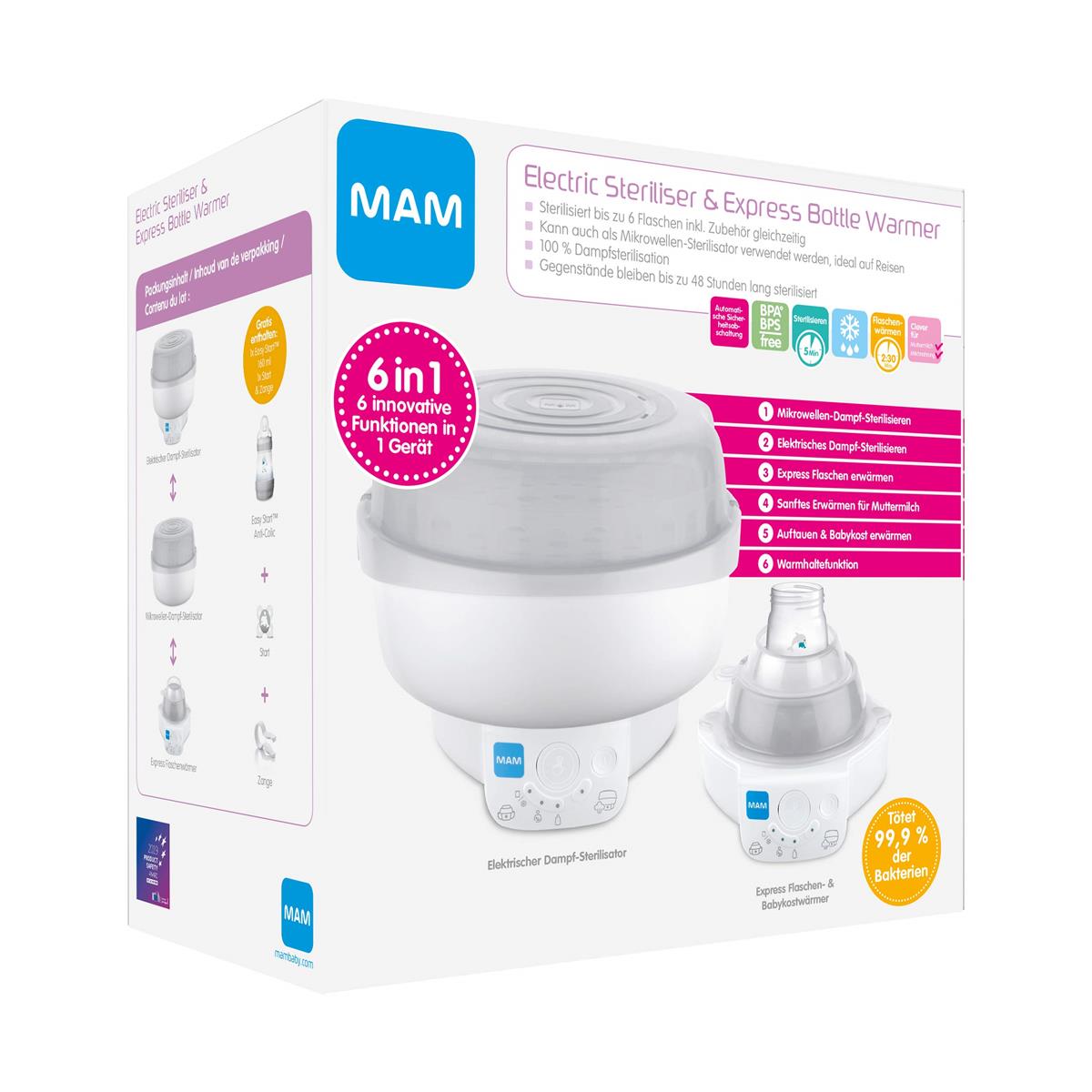 MAM 6in1 Sterilisator und Express Babykosterwärmer, Flaschenwärmer inkl. 1x MAM Easy Start Anti-Colic Flasche (160 ml), 1x MAM Start Schnuller und 1 Zange