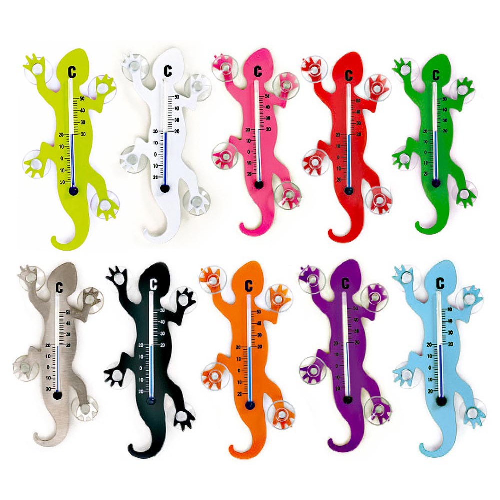 Fenster - Thermometer Gecko aus Metall, 14 cm mit 4 starken Saugnäpfen zur Befestigung innen und auß