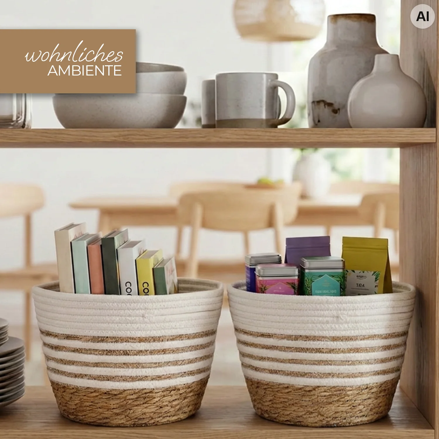 Aufbewahrungskörbe, Korbset, Baumwollseil, Beige gestreift, Geflochten