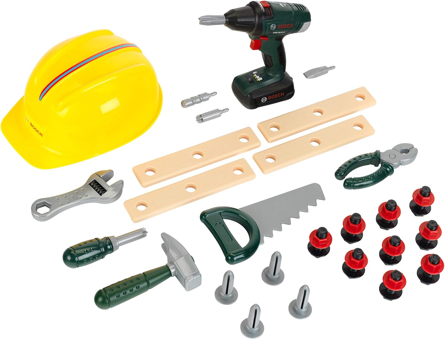 Theo Klein 8417 Bosch Handwerker-Set 37-teilig Kinder-Akkuschrauber mit Licht & Sound Werkzeug und Werkbank Hammer Säge Bauarbeiter-Helm  Spielzeug für Kinder ab 3 Jahren