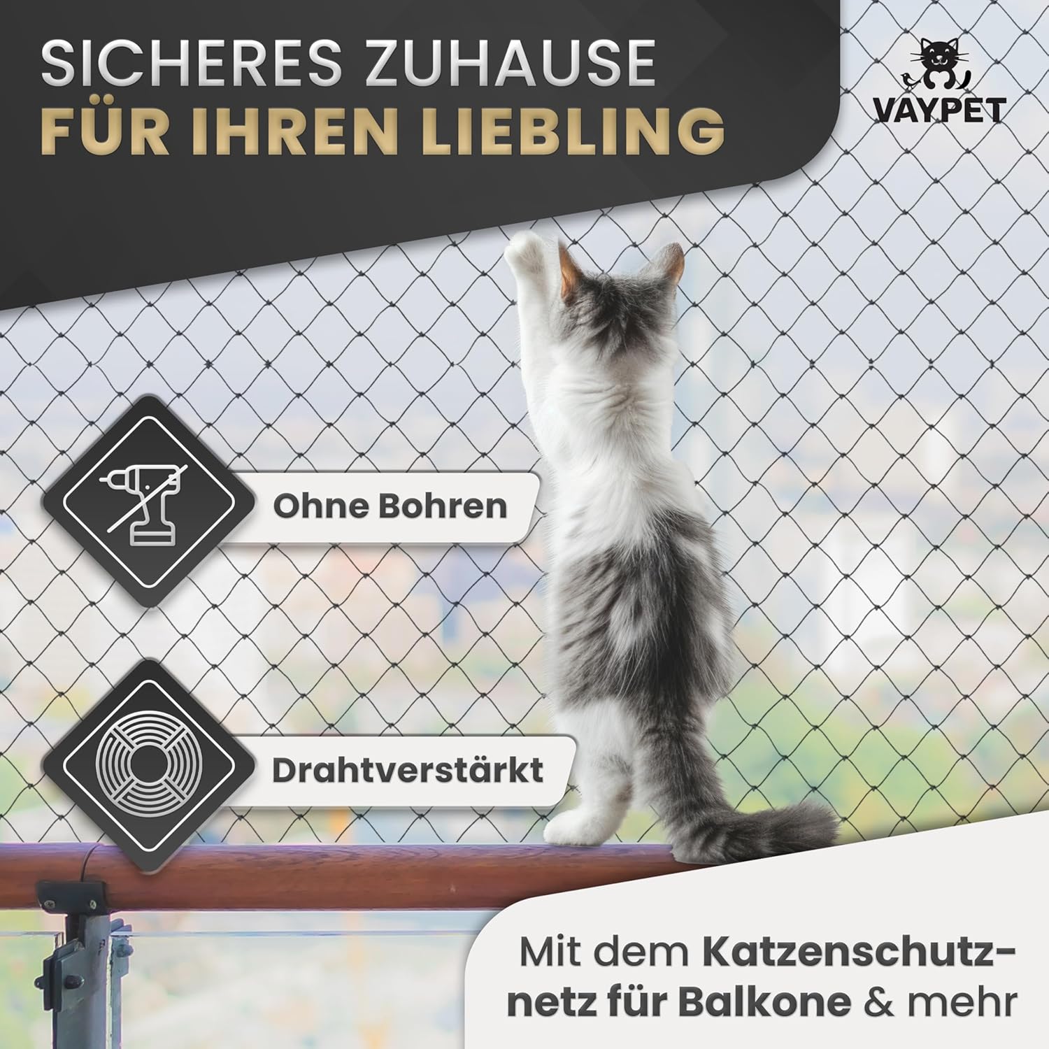 VAYPET Katzennetz für Balkon ohne Bohren 6x3m Tiernetz Balkonnetz Vogelschutznetz