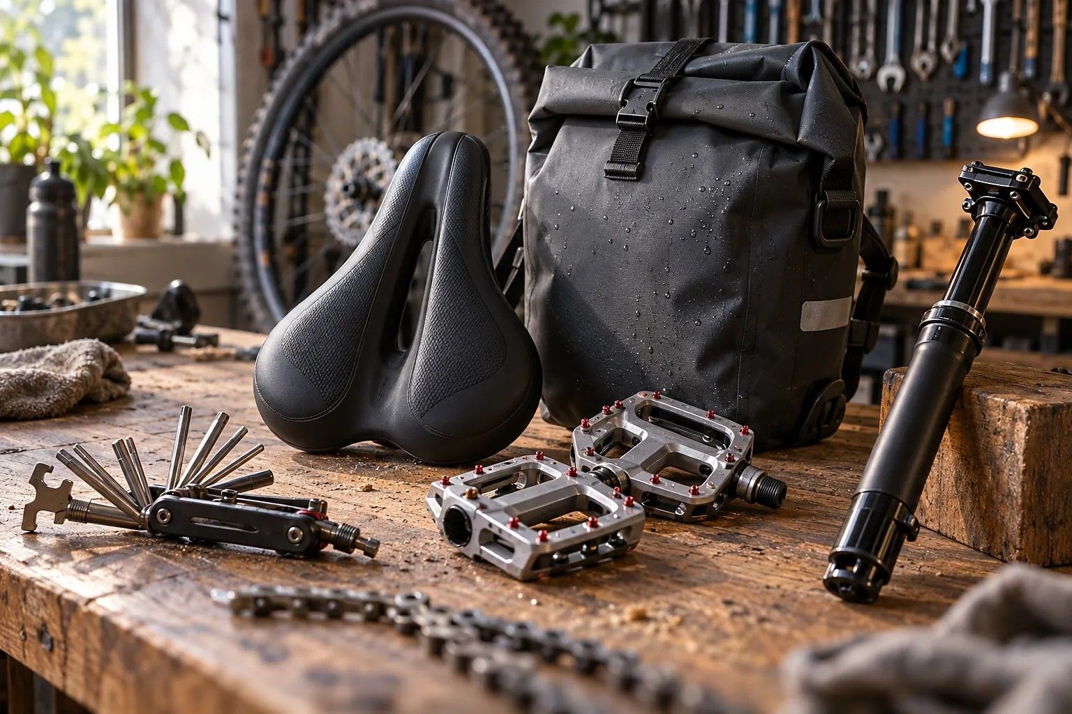 Sattel, Pedale, Gepäcktasche, Fahrradzubehör, Bordwerkzeug