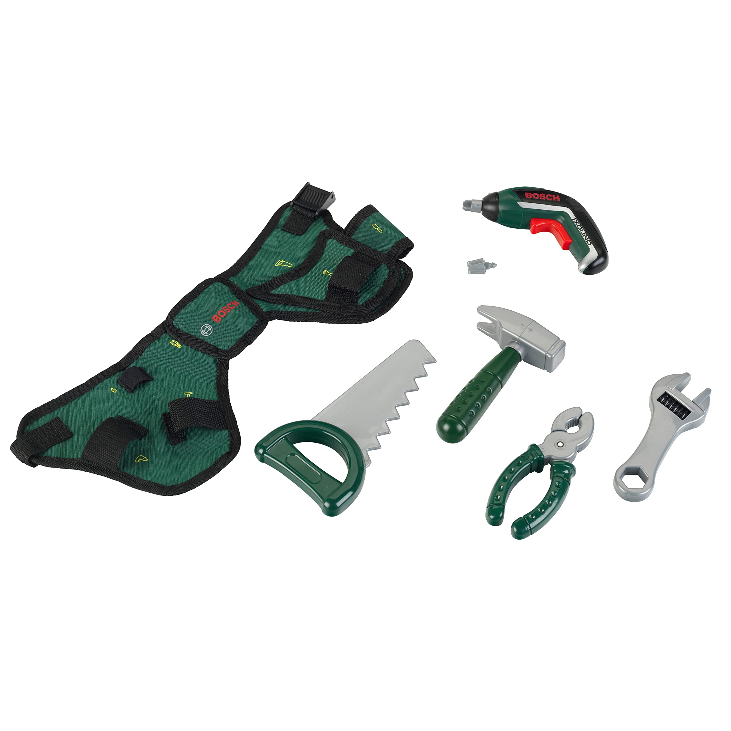 Theo Klein 8313 Bosch Werkzeuggürtel | Mit Hammer, Zange, Säge und vielen mehr | Mit batteriebetriebenem Ixolino | Maße: 76 cm x 24 cm 4,5 cm | Spielzeug für Kinder ab 3 Jahren