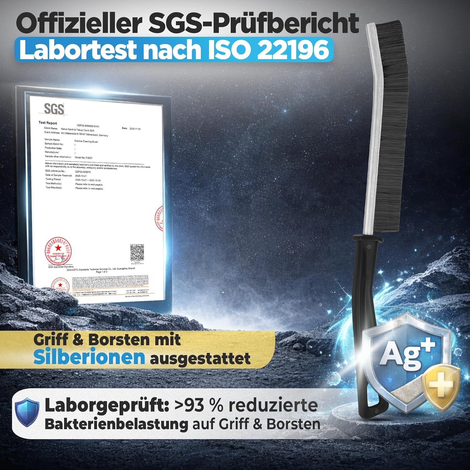 Reinigungsschrubber, Spülbürste, Griff mit Borsten, Silberionen, Laborgeprüft