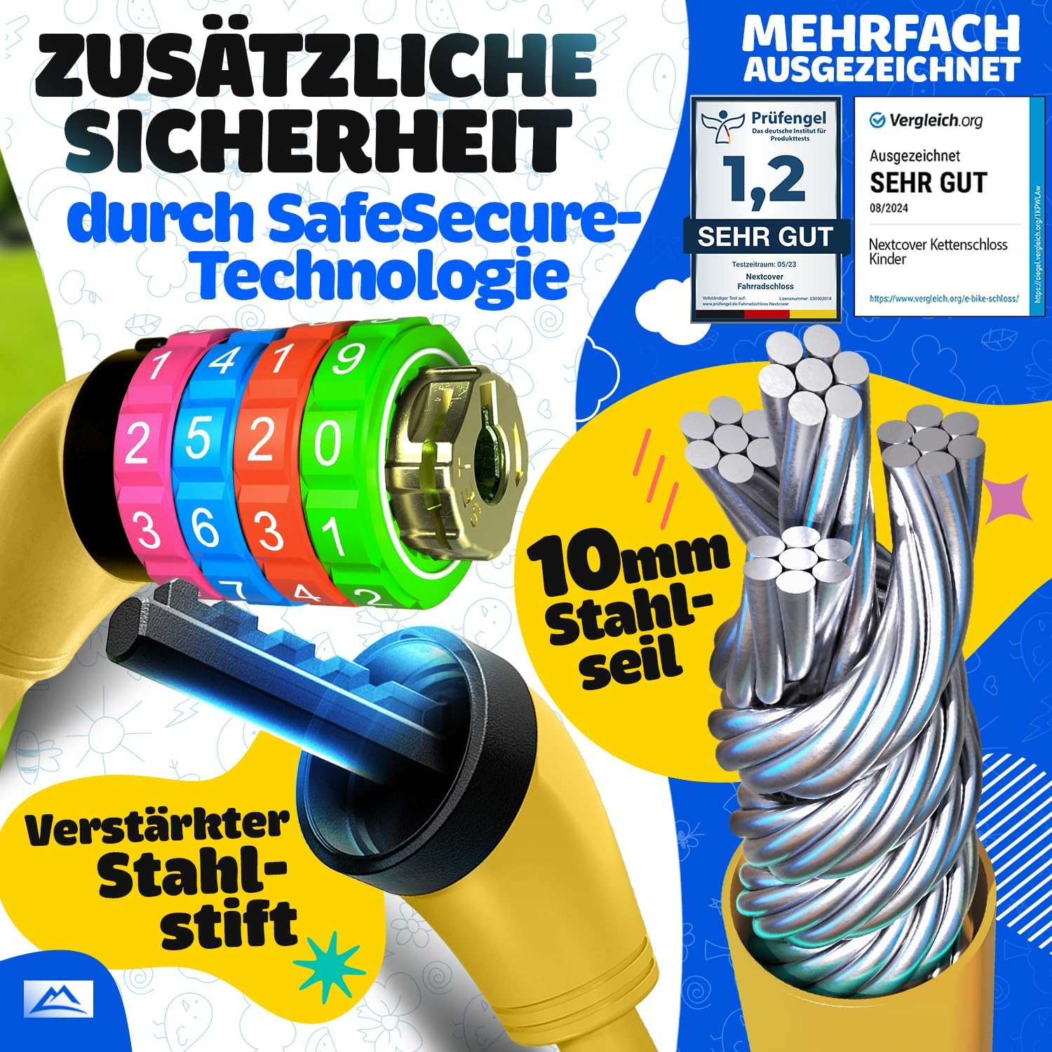 NEXTCOVER Fahrradschloss Kinder mit 4-stelligem Zahlencode Kinder Fahrradschloss - Ideal für Roller, Fahrrad & mehr Zahlenschloss Fahrrad mit bunten Zahlen - Roller Schloss Extra robust & sicher
