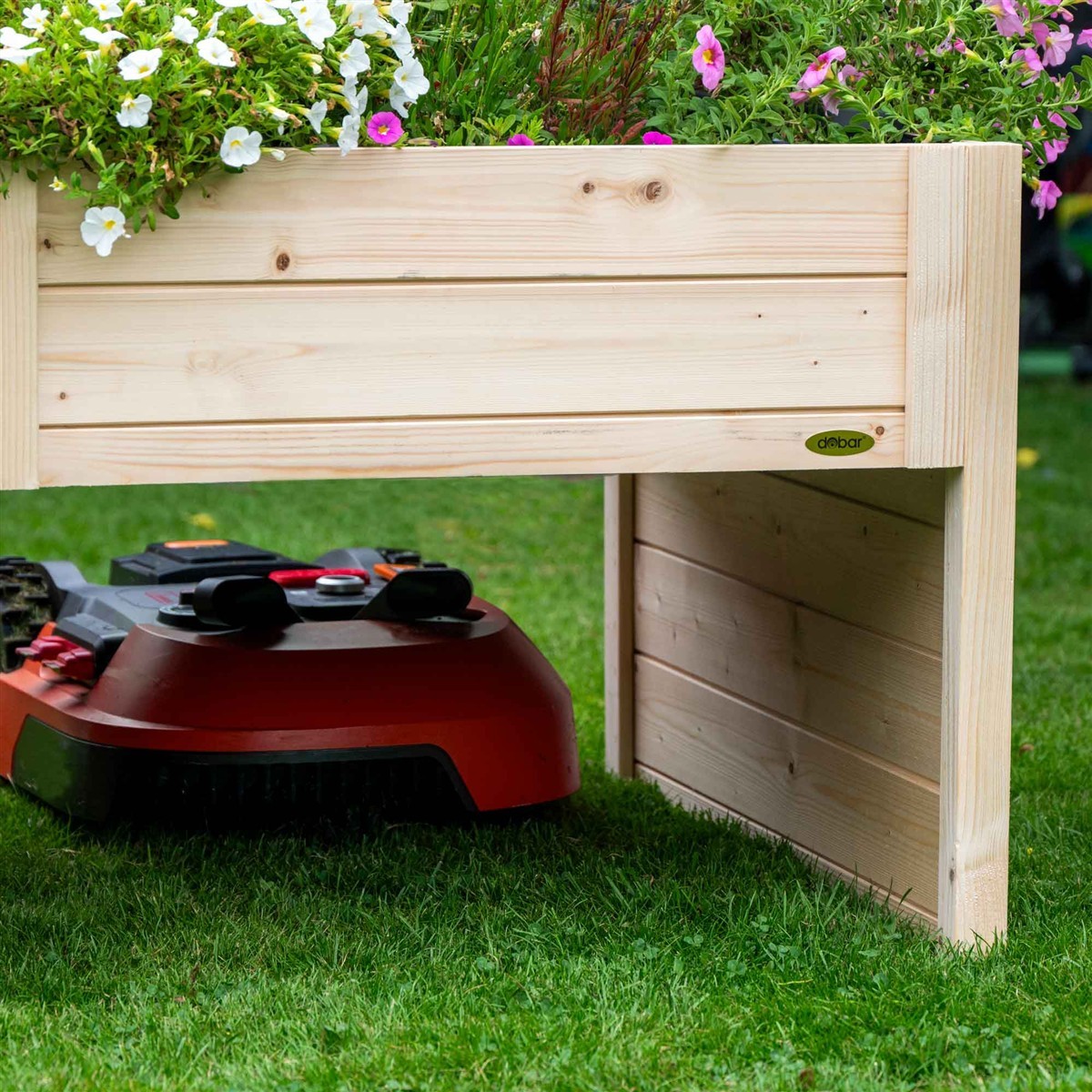 Holz Pflanzkasten, Blumenbeet, Gartenroboter, Grasfläche, Holzliegender Planter