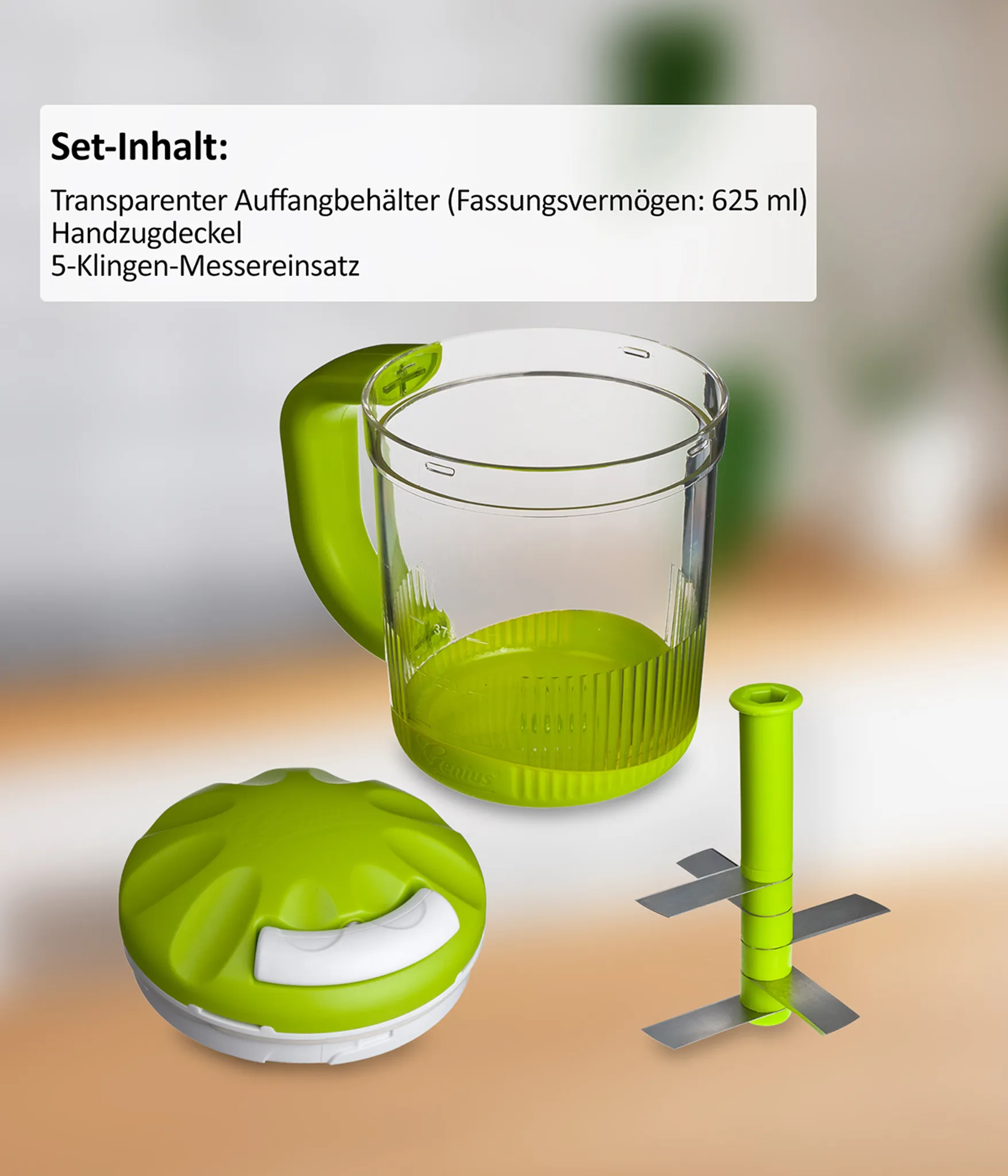 Genius Twist N Joy Gemüseschneider 3 tlg. Zwiebelschneider manuell, Obst Gemüse Zerkleinerer Multizerkleinerer mit 5 Messereinsatz 625 ml Behälter