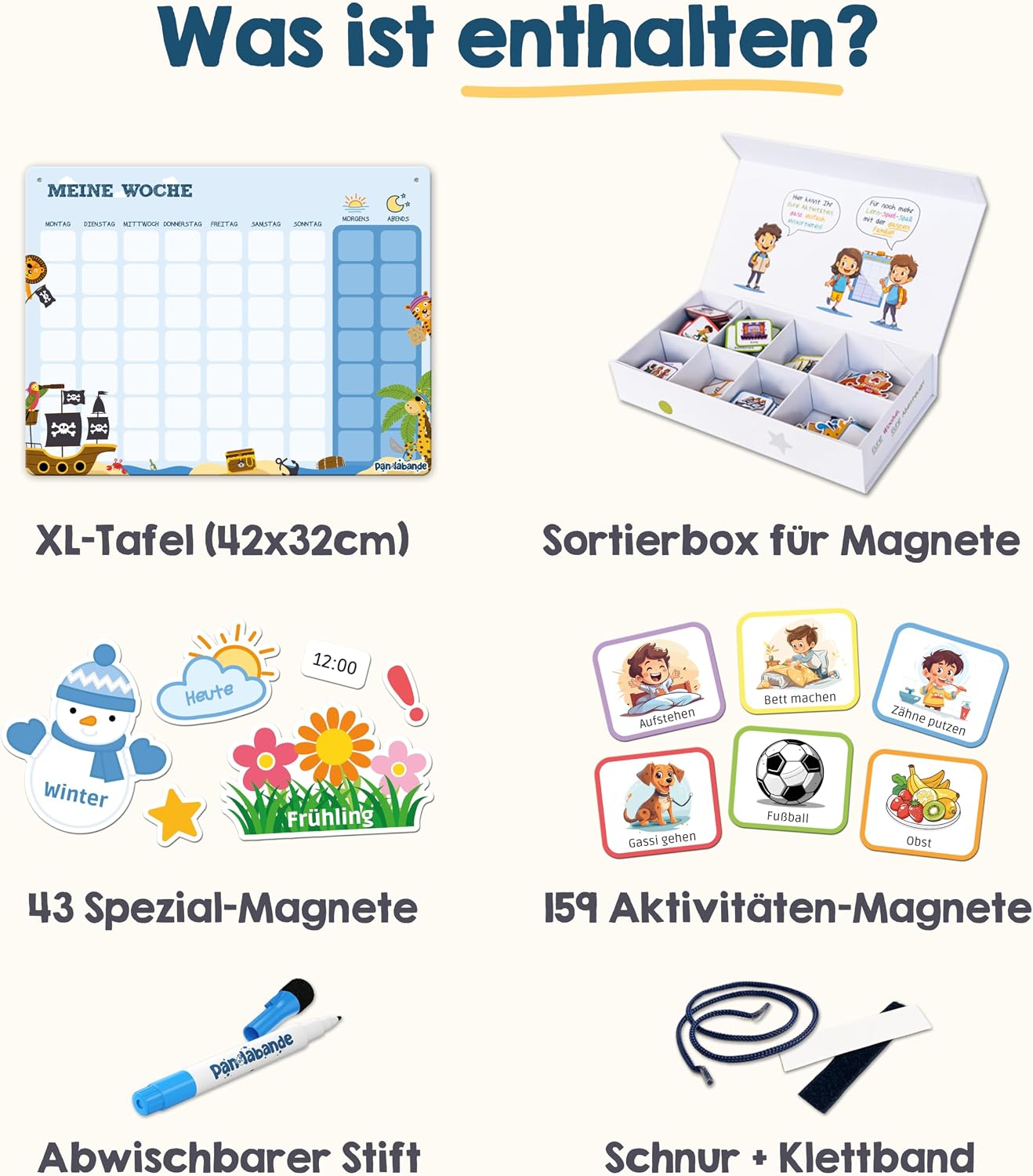 Magnetischer Wochenplaner, Aktivitätenmagnete, Magnettafel, Sortierbox, Abwischbarer Stift