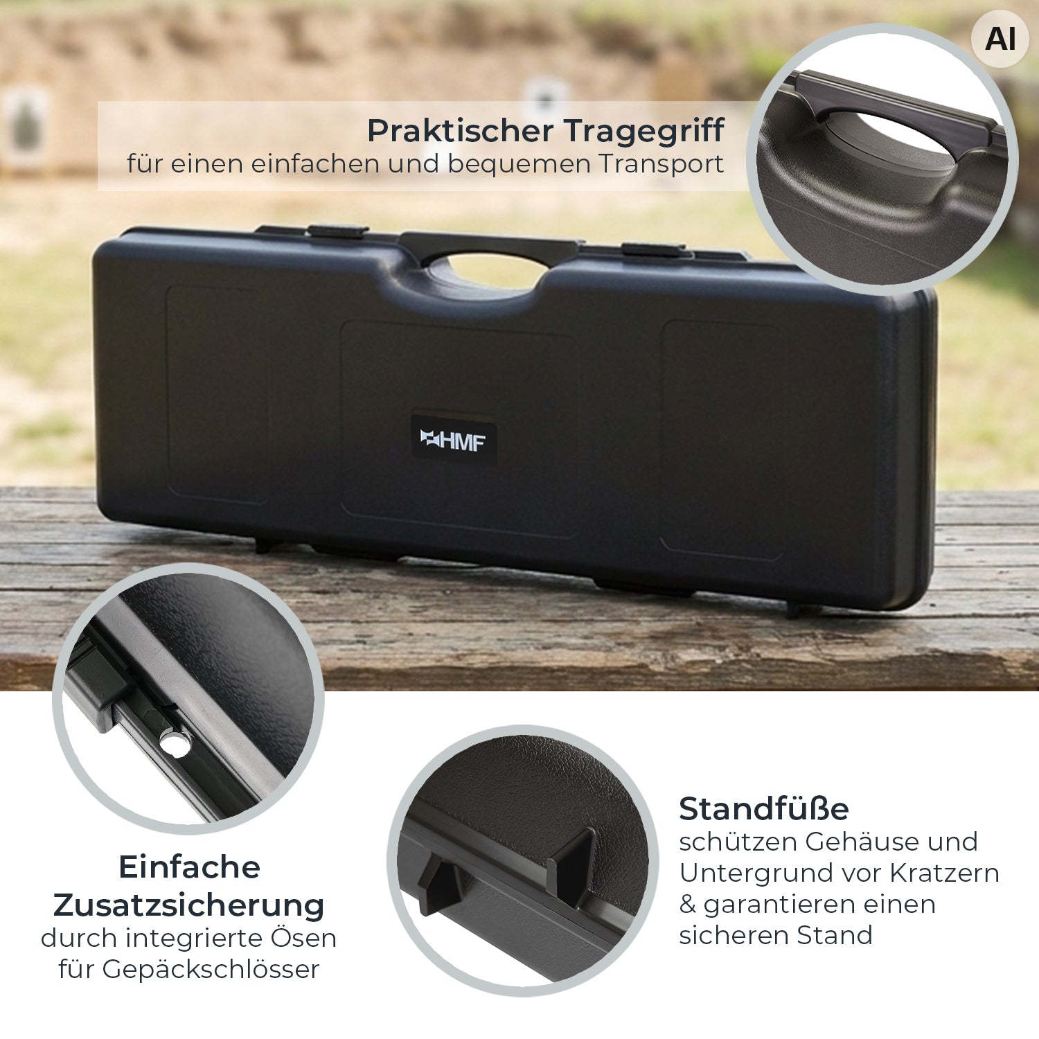 Transportkoffer, Hartschalenkoffer, schwarzer Kunststoff, Tragegriff, Schlossösen