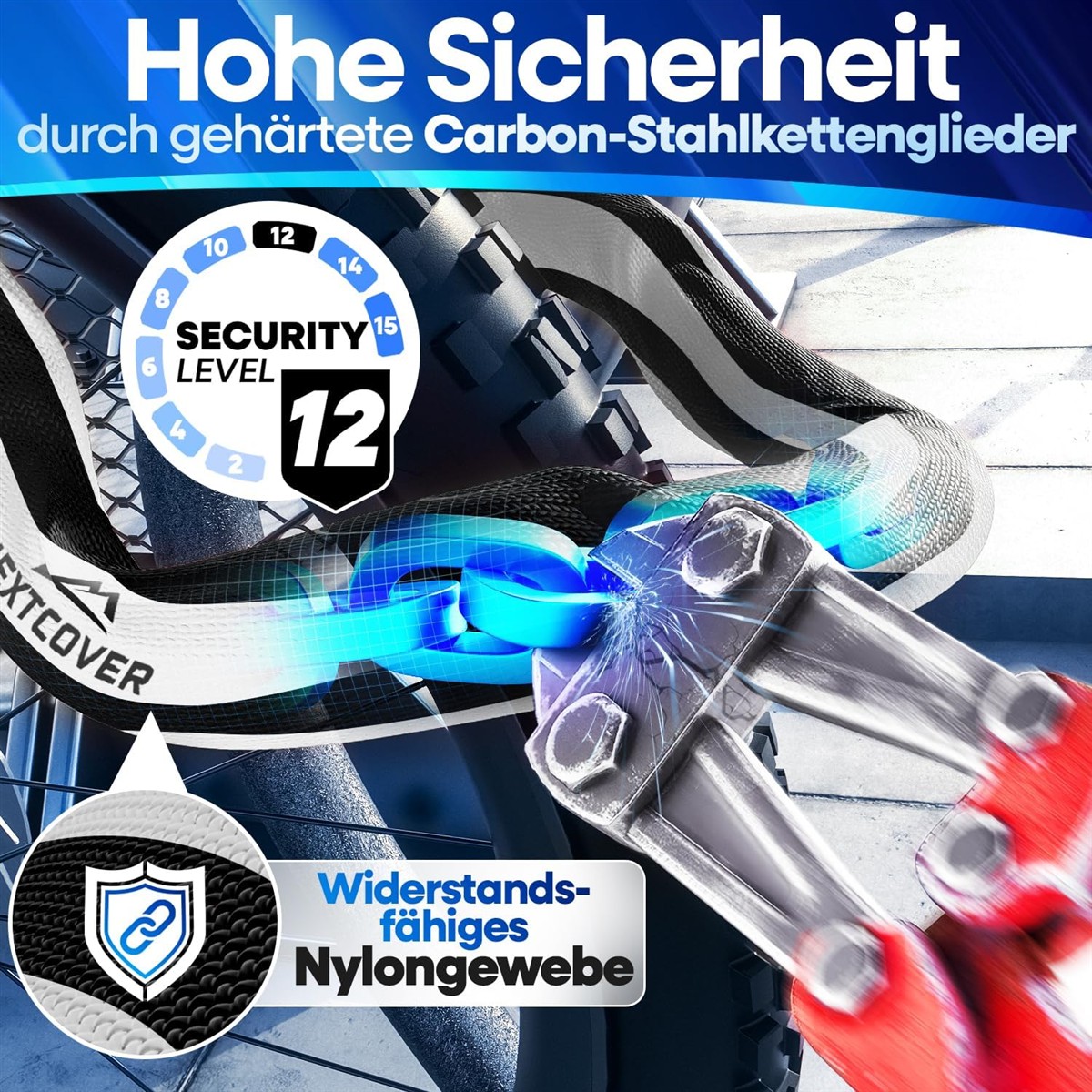 Kettenschloss, Kettenziel, Nylongewebe, Sicherheitslevel, Radsicherheit