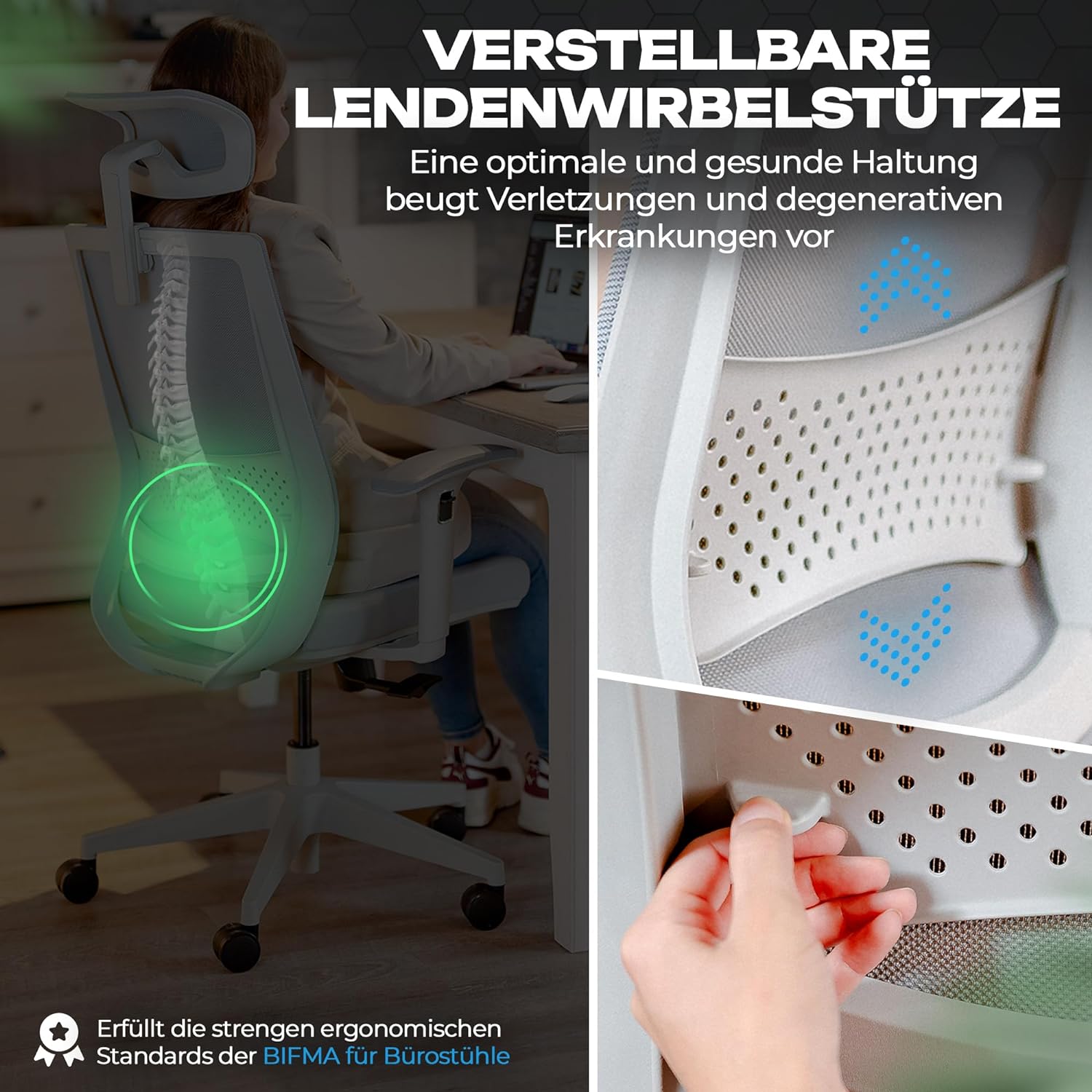 VALKENSTOL M2 Ergonomischer Bürostuhl 150 kg Schreibtischstuhl mit Kopfstütze grau