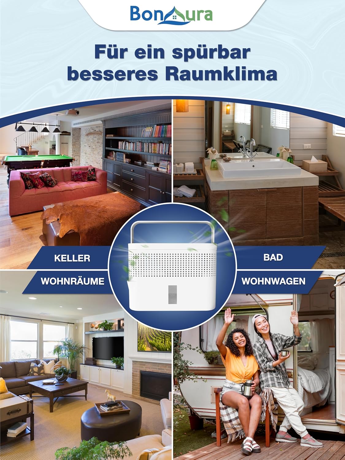 BonAura Luftentfeuchter ohne Strom - Raumentfeuchter für Keller, Bad uvm. - 980g Luftenfeuchter Nachfüllpack inklusive - Entfeuchter und Luftentfeuchter Granulat im Set - Schutz vor Schimmel
