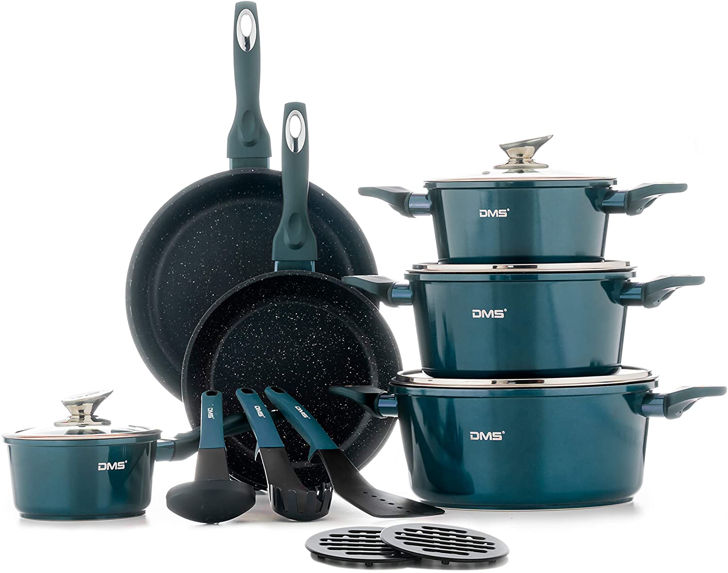 DMS 15-teilig Induktion Kochgeschirr Kochset Töpfe Pfannen Bratpfanne Kasserolle Suppentopf mit Glasdeckel