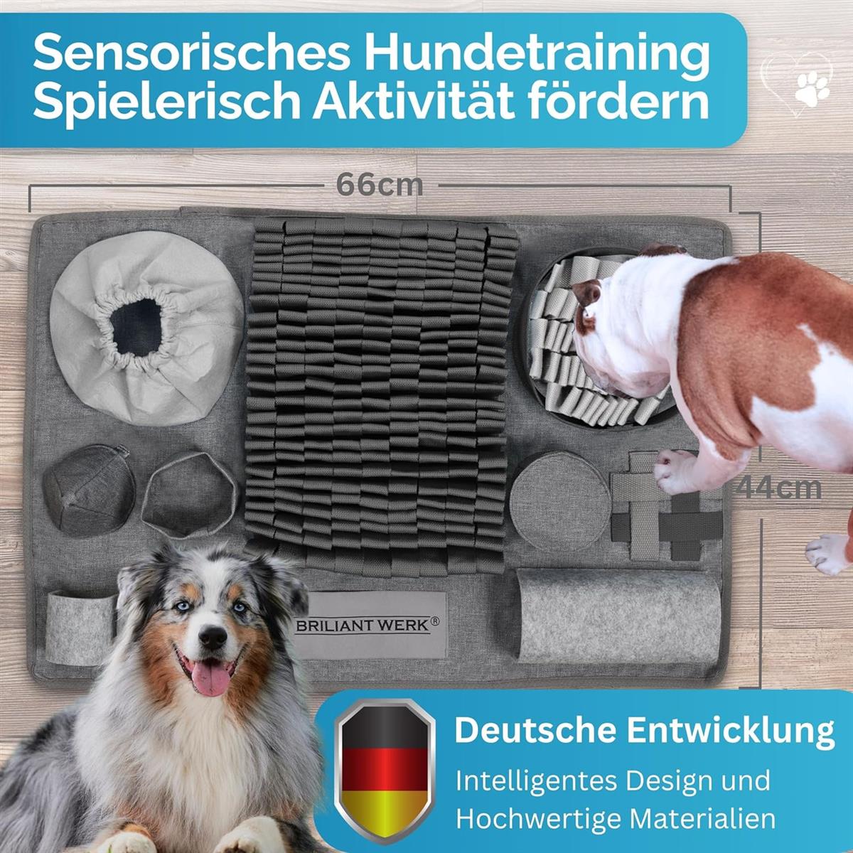 Briliantwerk Schnüffelteppich Hund – Extrem widerstandsfähiges Material - 10 Trainingselemente und 3 Schwierigkeitsstufen Intelligenzspielzeug grau