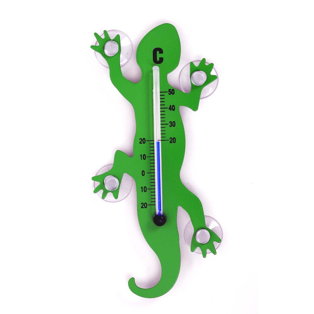Fenster - Thermometer Gecko aus Metall, 14 cm mit 4 starken Saugnäpfen zur Befestigung innen und auß
