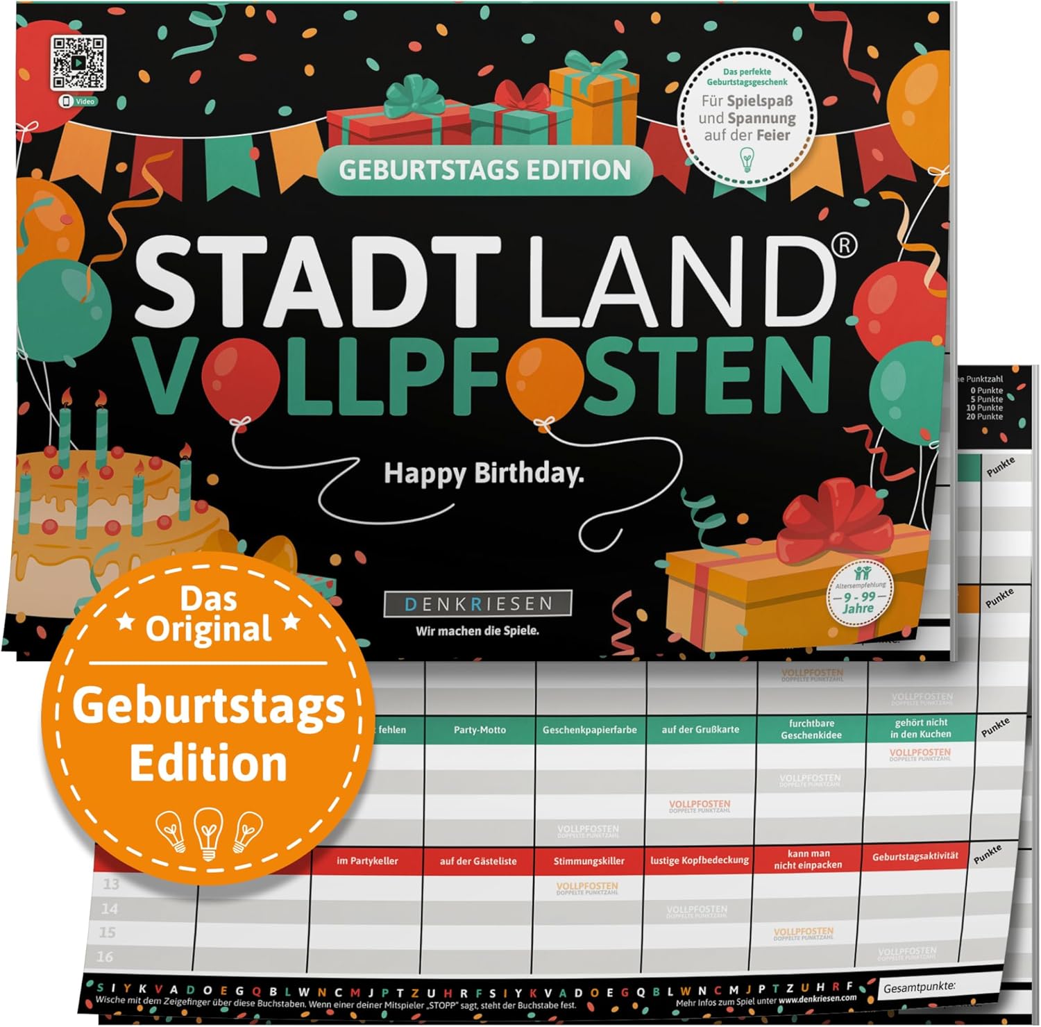 DENKRIESEN - Stadt Land VOLLPFOSTEN® - Geburtstag Edition - 'Happy Birthday.' DIN A4 Spielblock 50 Blatt Partyspiel Familie