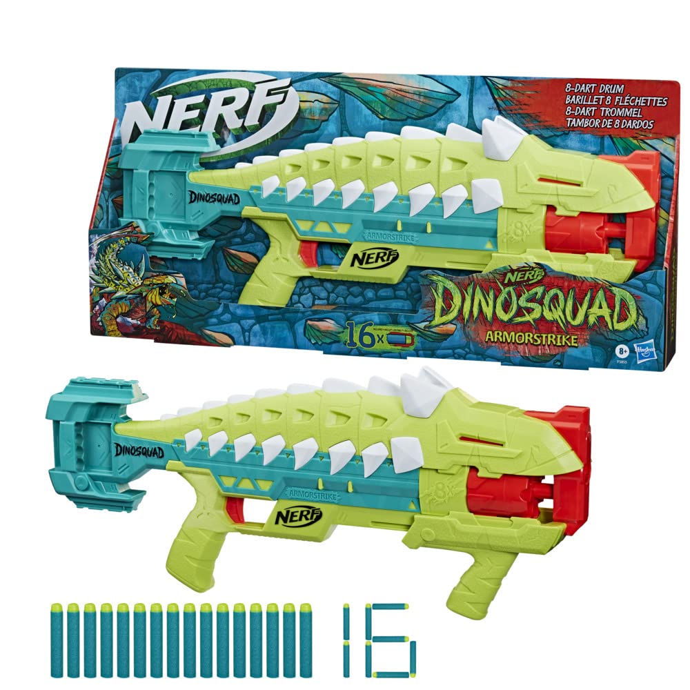 Nerf DinoSquad Armorstrike Blaster, Drehbart, 8 Dartpfeile, Griff, 16 Nerf Elite Dartpfeile, Ankylosaurus Design