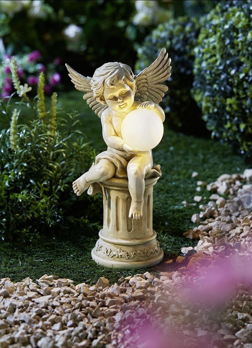 Engelstatue, Gartenfigur, Ballon, Sitzende Figur, Pflanzenals Verzierung