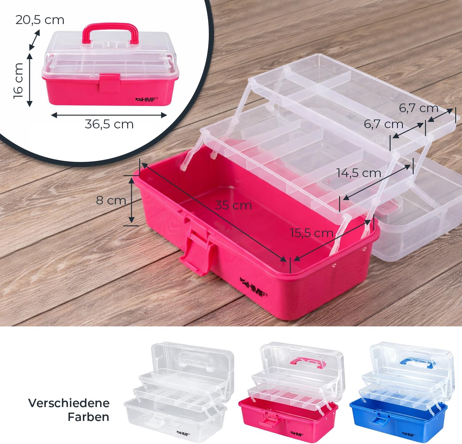 HMF Nähkasten aufklappbar mit 3 Ebenen Sortierbox für Kleinteile 36,5 x 20,5 x 16 cm Pink