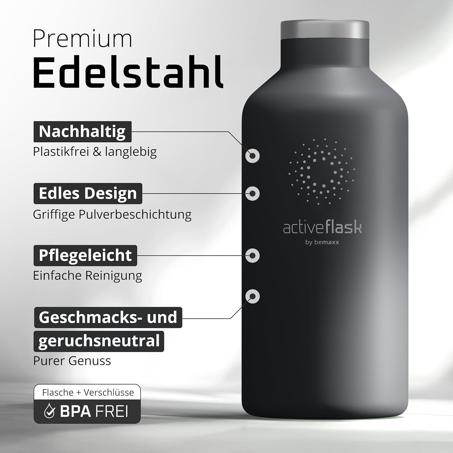 BeMaxx Trinkflasche Edelstahl ACTIVE FLASK coll grey Bamboo-Verschluss 530l