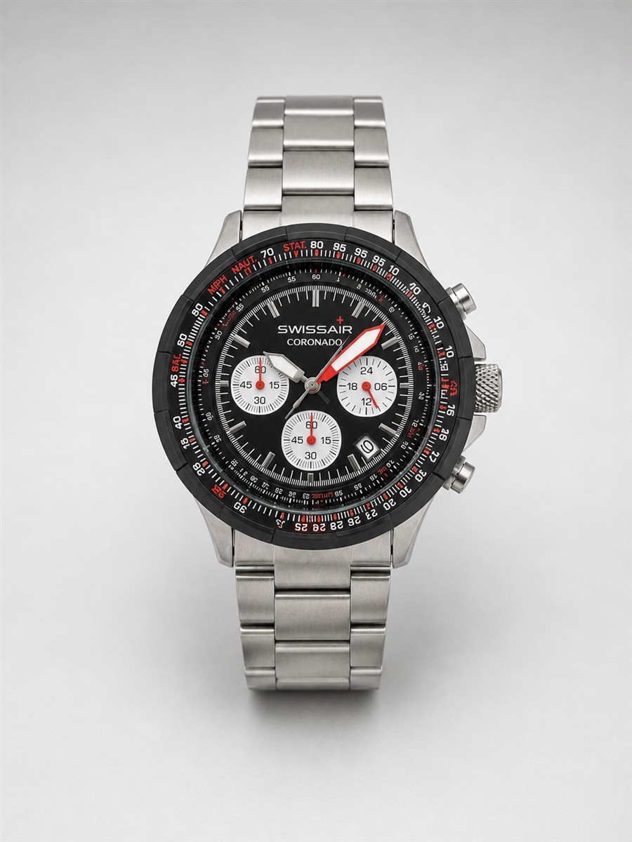 Uhr, Chronograph, Schwarz, Stahl, Armband