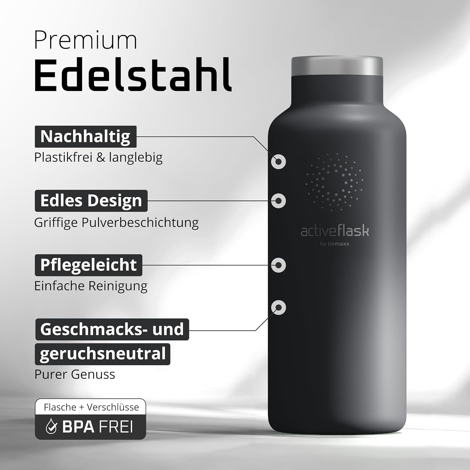 BeMaxx Trinkflasche Edelstahl ACTIVE FLASK cool grey Bamboo-Verschluss 950l