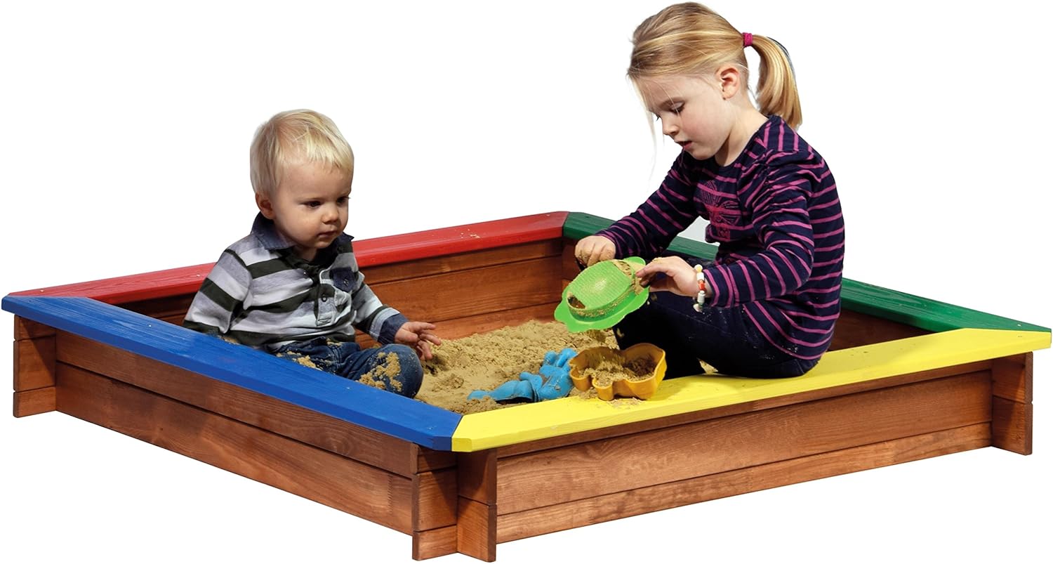dobar green label quadratischer Sandkasten Bunte Sandkiste Holz ohne Dach Klassischer Kinder-Sandbox aus massivem Vollholz 117 x 117 x 18 cm 5-farbig