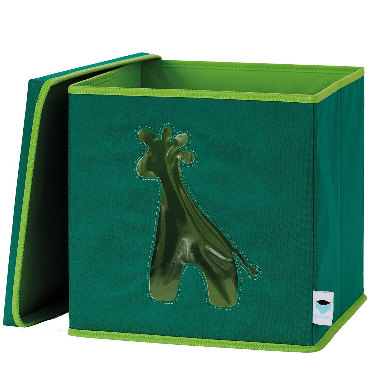 LOVE IT STORE IT Aufbewahrungsbox mit Deckel - Spielzeugbox aus Stoff verstärkt mit Karton, Sichtfenster Giraffe, 30x30x30 cm, Dunkelgrün