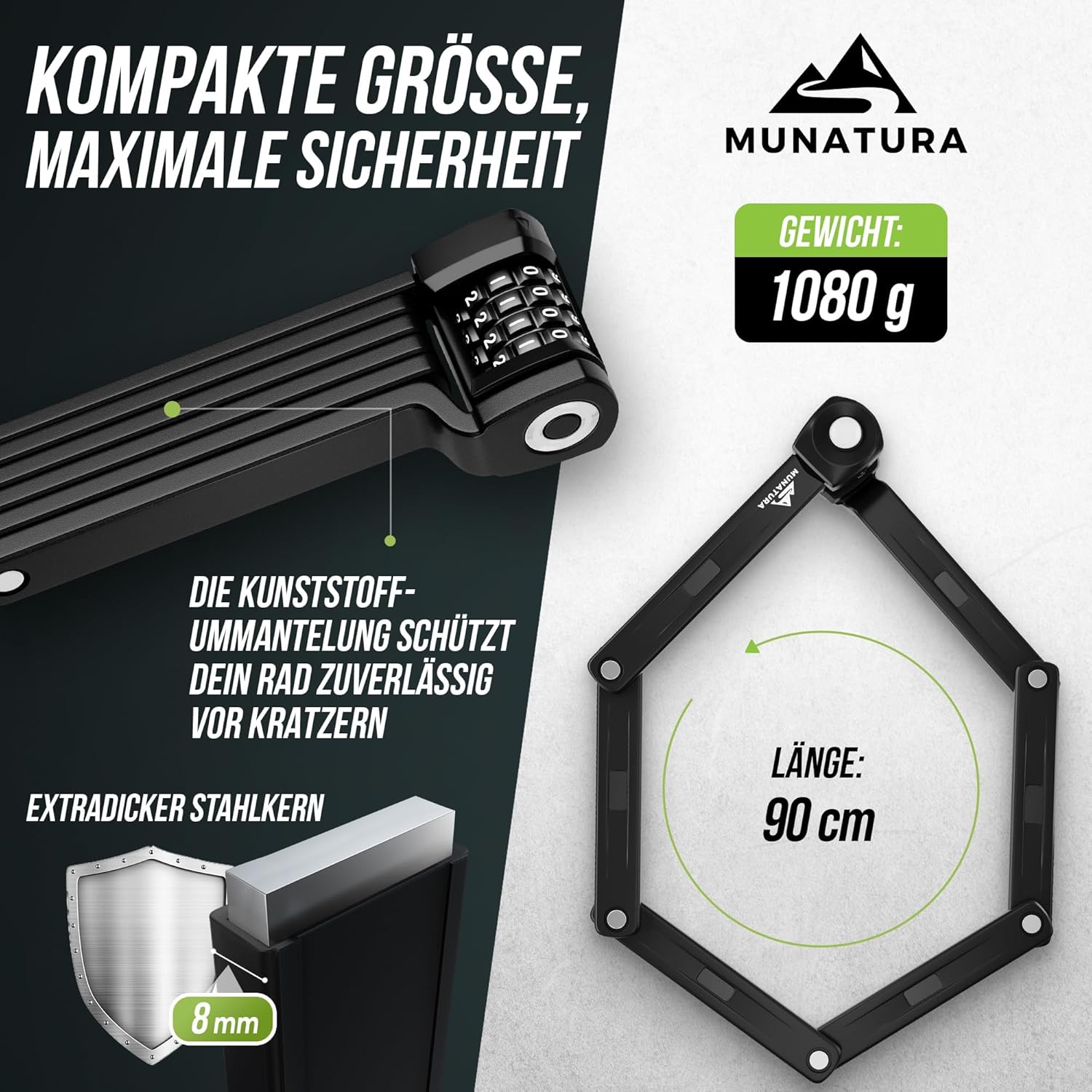 MUNATURA Faltschloss Fahrrad Diebstahlsicher Fahrradschloss Zahlenschloss 90cm