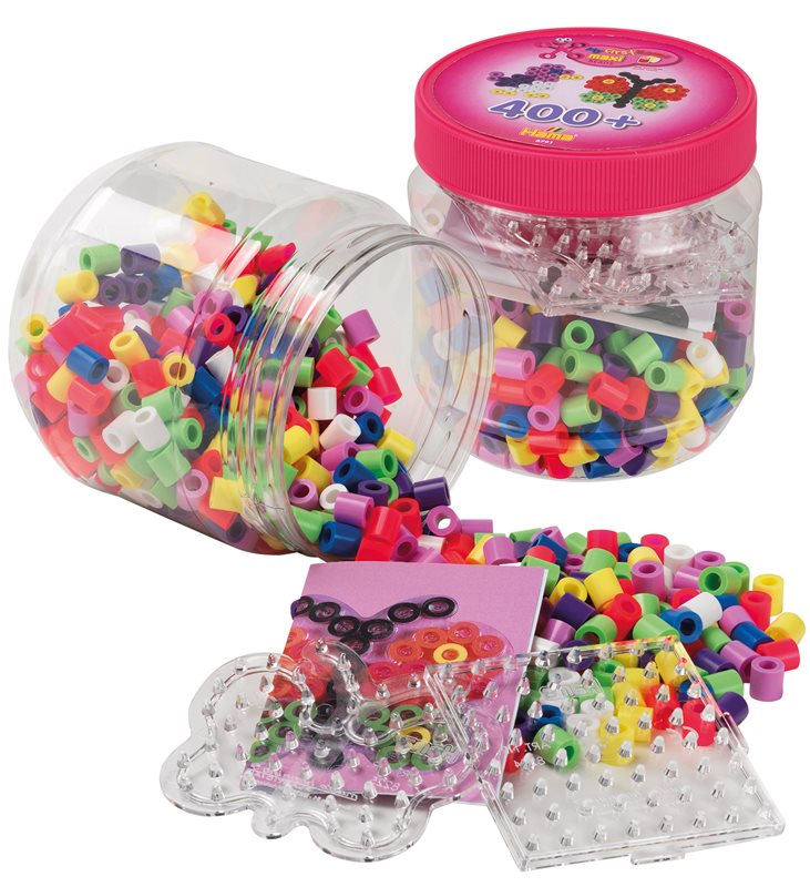 Hama Perlen 8791 Bügelperlen Dose mit ca. 400 bunten Maxi Bastelperlen mit Durchmesser 10 mm, 2 Stiftplatten in transparent, inkl. Bügelpapier, kreativer Bastelspaß für Groß und Klein