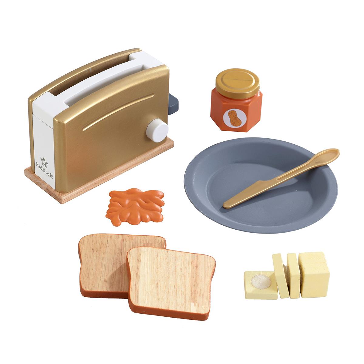 KidKraft Goldenes Toaster Spielset aus Holz für Kinderküche mit 2 Scheiben Brot mit Sandwichfüllung, Spielküche Zubehör, Spielzeug für Kinder ab 3 Jahre, 53536
