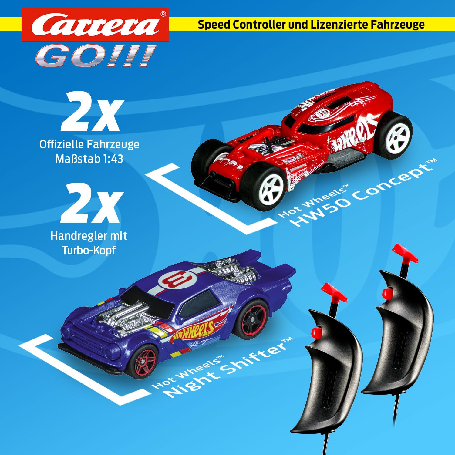 Mattel 20063517 Carrera Go Hot Wheels Rennbahn Set Duell Night Shifter HW50 Concept Sprungschanze mit Feuerring 1:43 Autorennbahn