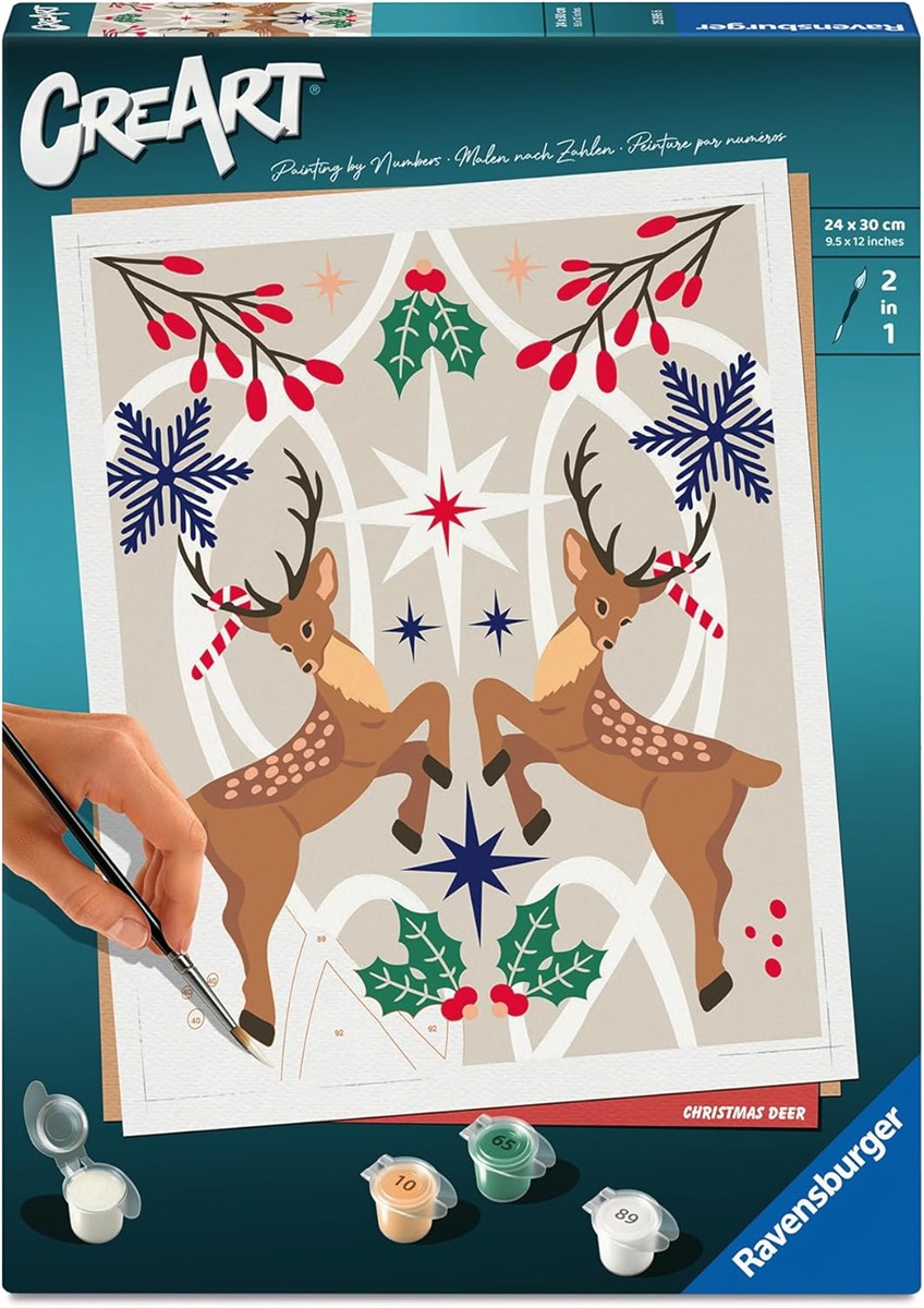 paint-by-numbers, weihnachten, reh, rentier, stechpalme