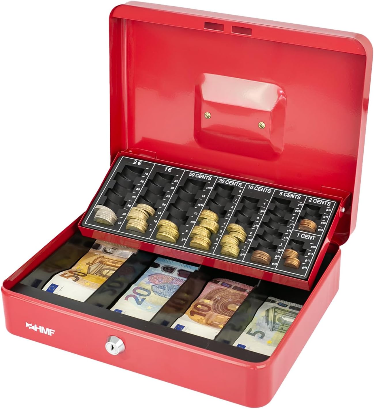 HMF Geldkassette abschließbar mit Münzzählbrett 30,5 x 24 x 8,5 cm rot