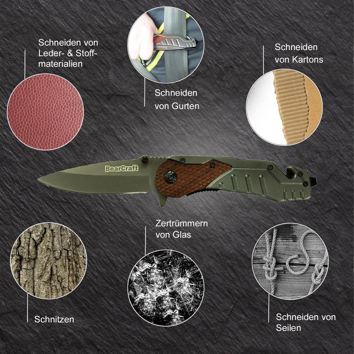 BearCraft Klappmesser Scharfes Outdoor Survival Taschenmesser Einhand-Messer mit Titanklinge Wandern Camping silber