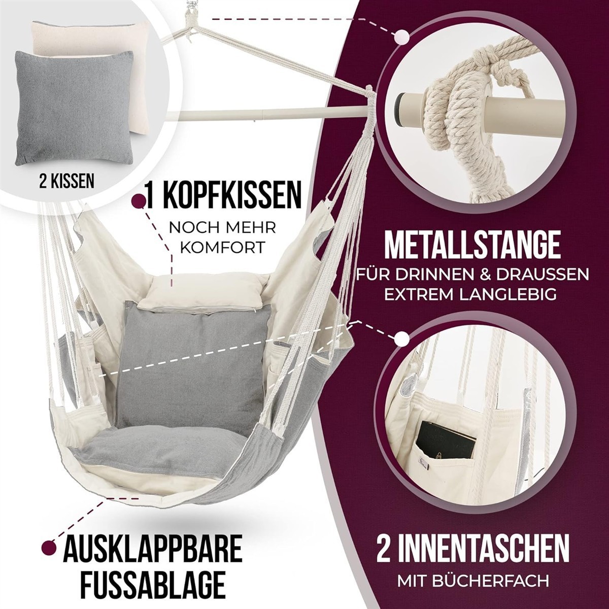 Hängesessel, Baumwollseil, Metallstange, graue Kissen, Fußablage